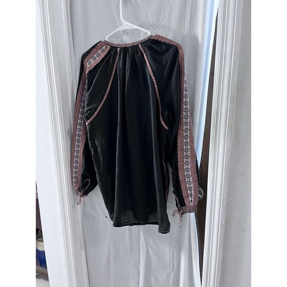 Free People Black Brown Embroidered Peasant Top Oversized Linen Blend Xs Boho - Picture 8 of 8